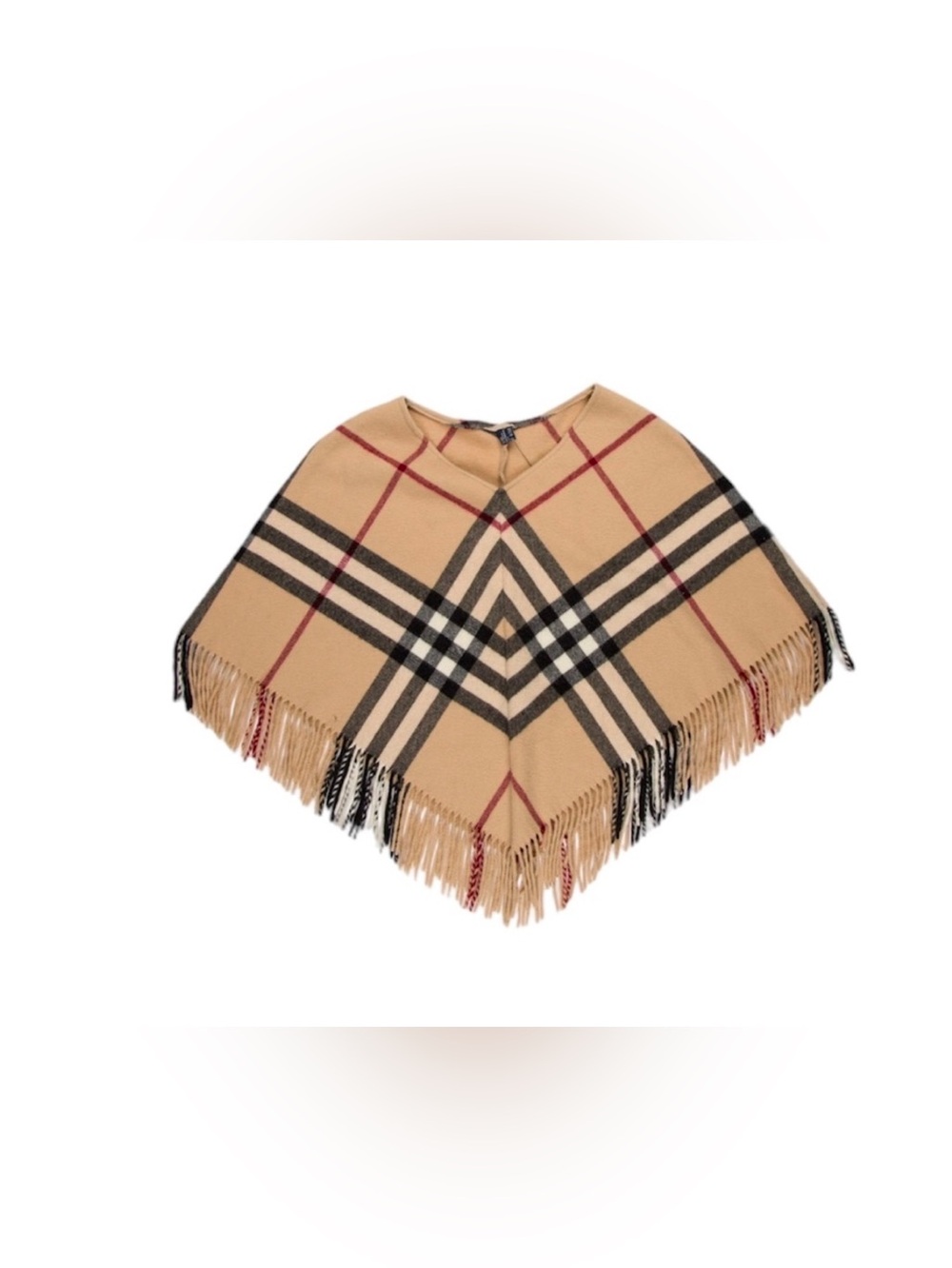 Burberry Camel Check Fringe Cape with Black & Red Stripes
